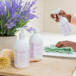 Sapadilla Sweet Lavender + Lime Hand Soap, Dish Soap, and Countertop Cleanser In Use Photo
